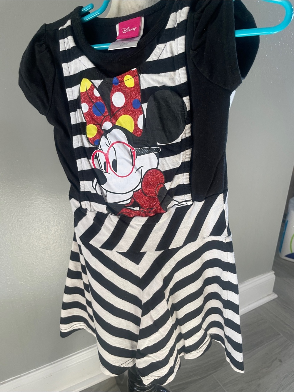Disney Black & White Striped Minnie Mouse Tee Dress with Colorful Bow